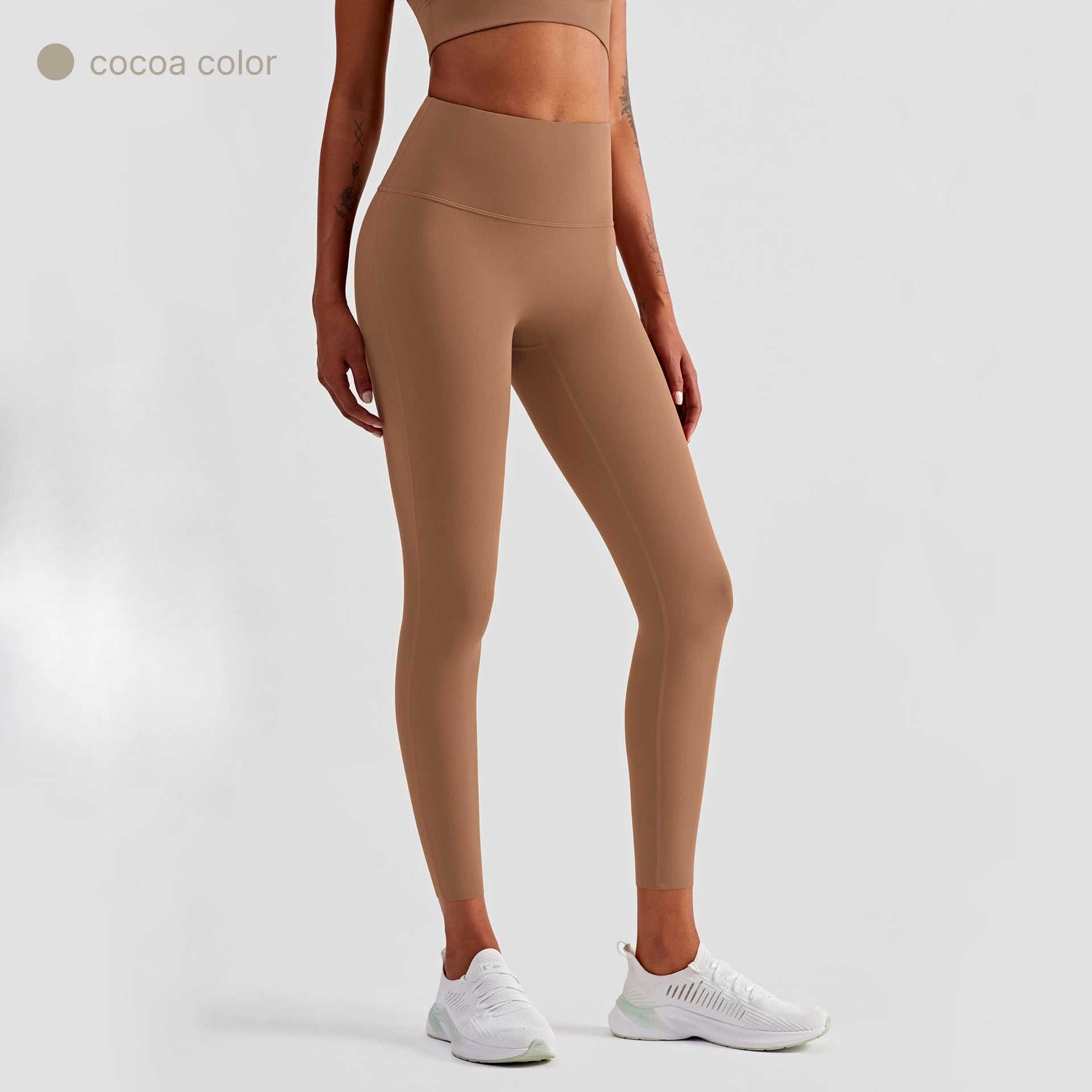 A Solid color yoga high waisted legs women's sports pants, hip lifting sports pants, fitness gym comprehensive training, jogging Qme cocoa color L