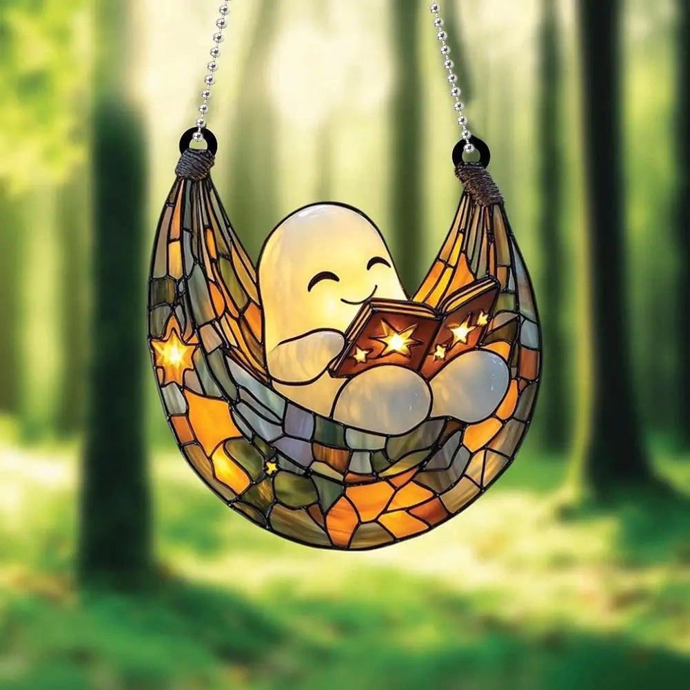 2D Halloween Ghost Reading Book Suncatcher Hanging Decor Acrylic Window Hanging Ornament Colorful Shadow Home Decorations Qme