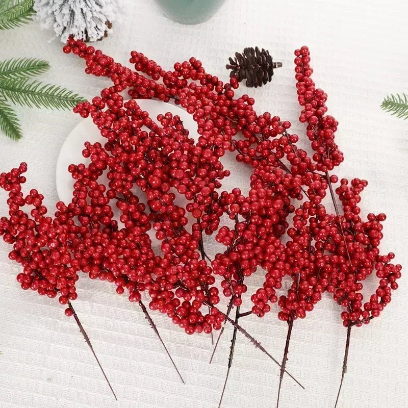Artificial Berries Christmas Decoration Red Berry Branches for Xmas Tree Party Home Table Ornaments Red Fruit Wreath DIY Gift Qme