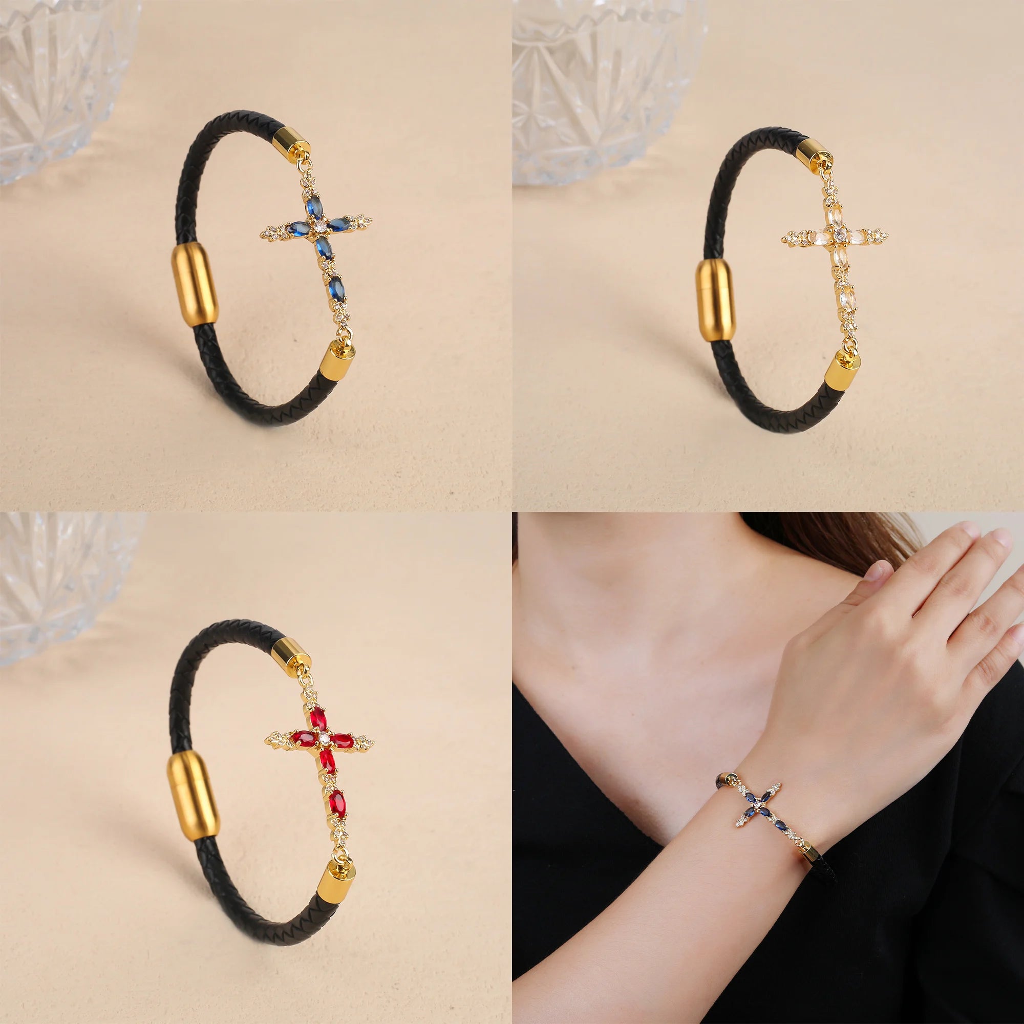 Classic Crystal Cross Leather Bracelet Fashion Religious Jewelry Stainless Steel Wrist Bangle for Couple Friendship Jewelry Gift Qme