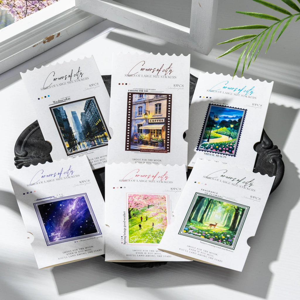 10 pcs/pack Night view of the city Theme PET Sticker Pack DIY Scrapbooking Collage Diary Aesthetics Decor Stationery Stickers Qme