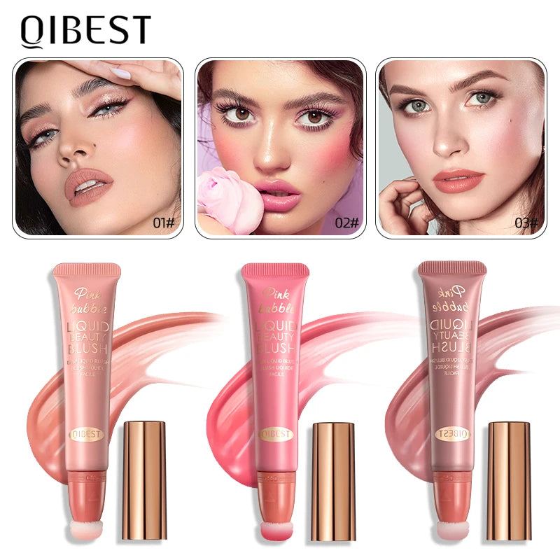 QIBEST Face Liquid Blush Eyeshadow Cheeks Makeup With Cushion Applicator Lightweight Soft Maquiagem Waterproof Smooth CreamBlush Qme