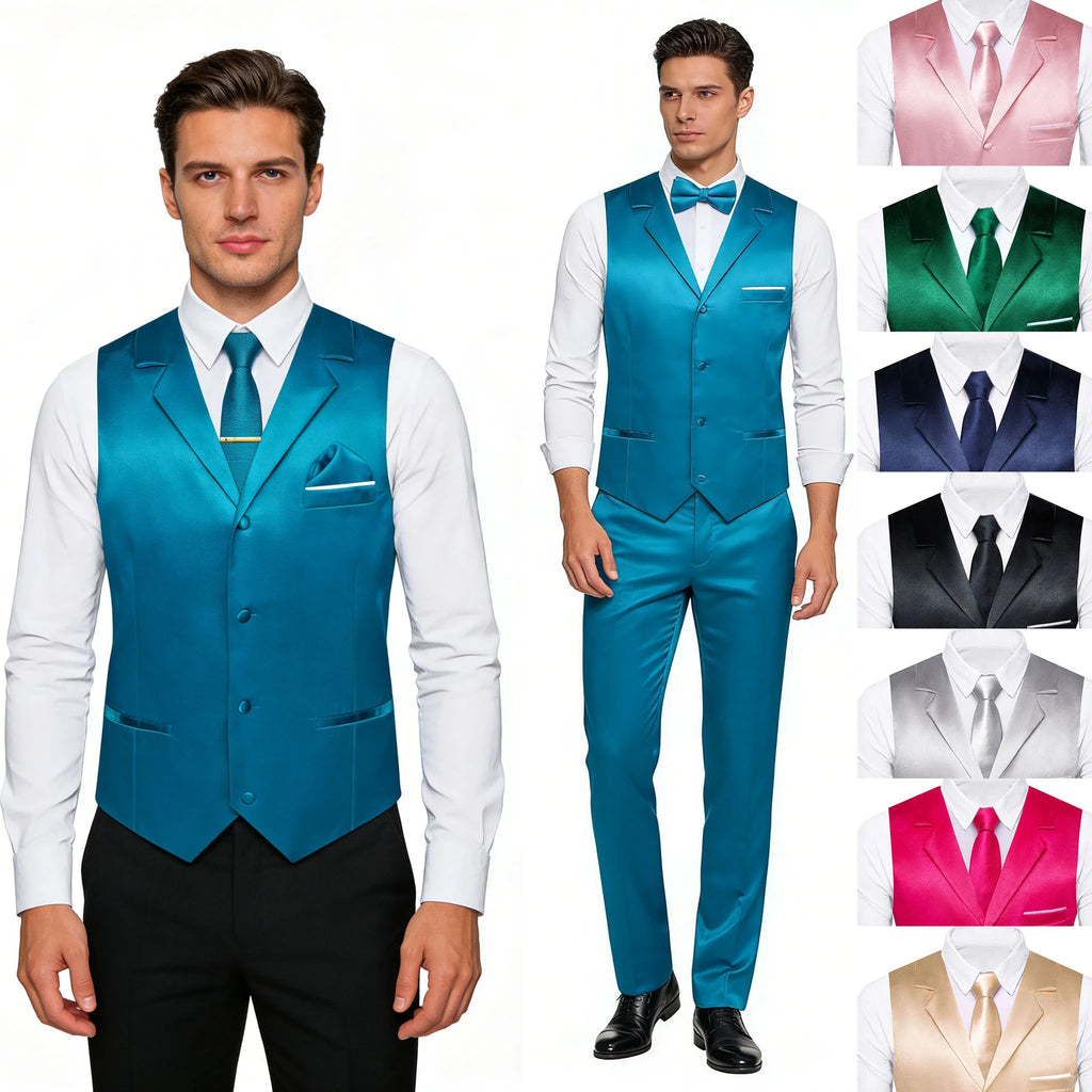 Men's Satin Vest Tie Hanky Cufflinks Bowtie Clip Formal Waistcoat Qme