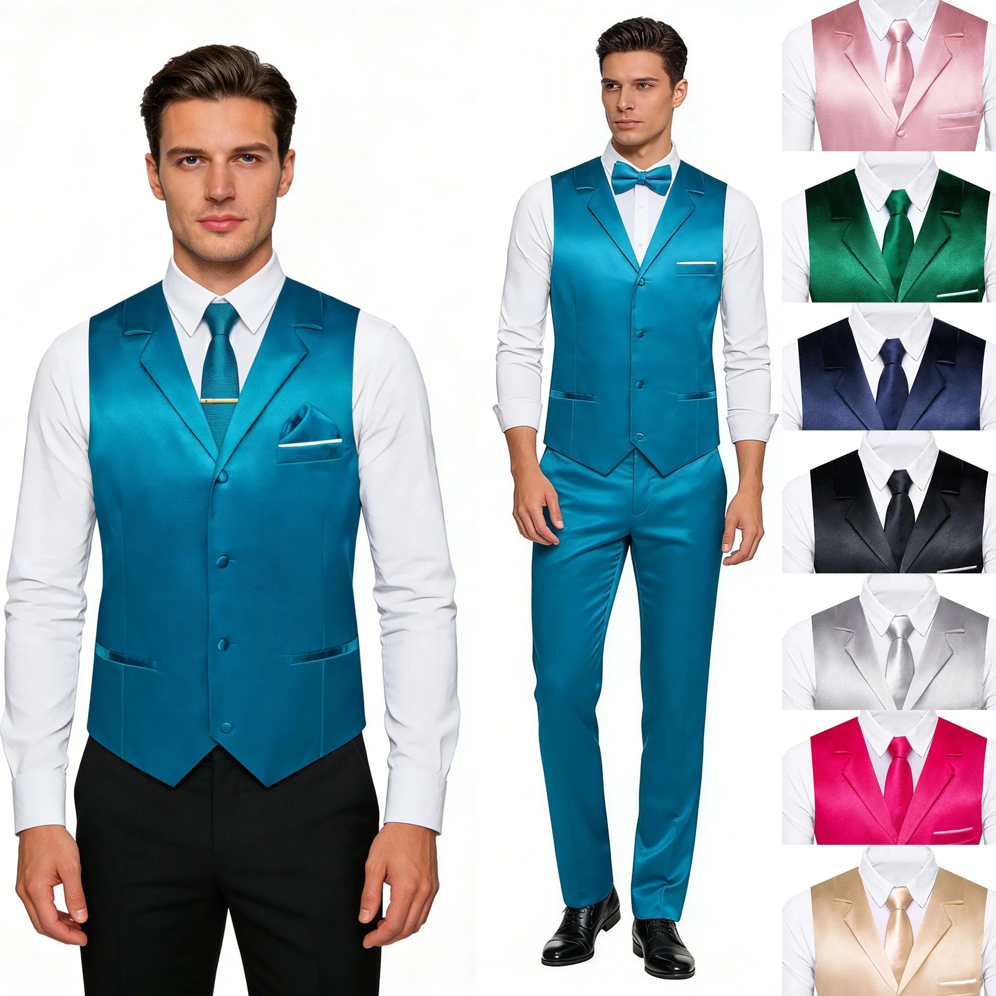 Men's Satin Vest Tie Hanky Cufflinks Bowtie Clip Formal Waistcoat Qme