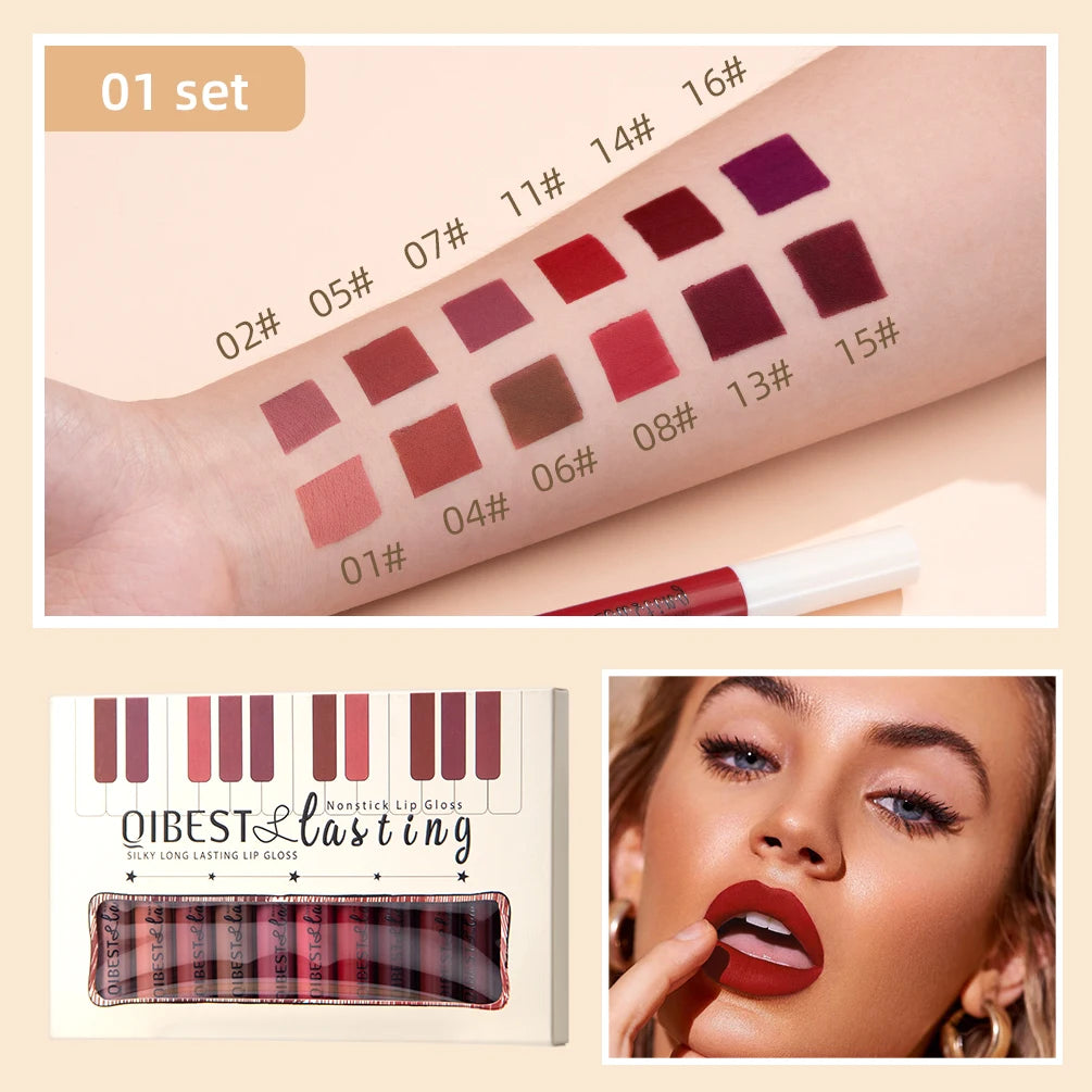 QIBEST 12 Colors Matte Lipgloss Sets Waterproof Liquid Lipstick Makeup Lip Color Long Lasting Sexy Red Pink Nude Lipgloss Makeup Qme