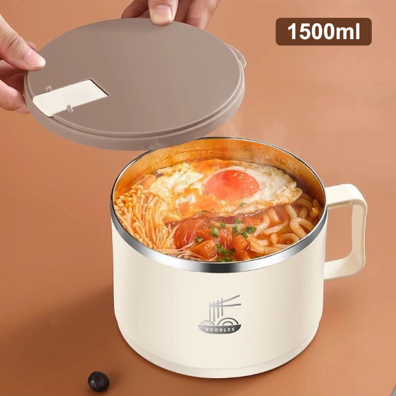 304 Stainless Steel Foam Bowl Large Capacity Double-Layer Anti-Scald Lunch Box With Tableware/Lid Can Drain Ramen Bowl Qme Beige