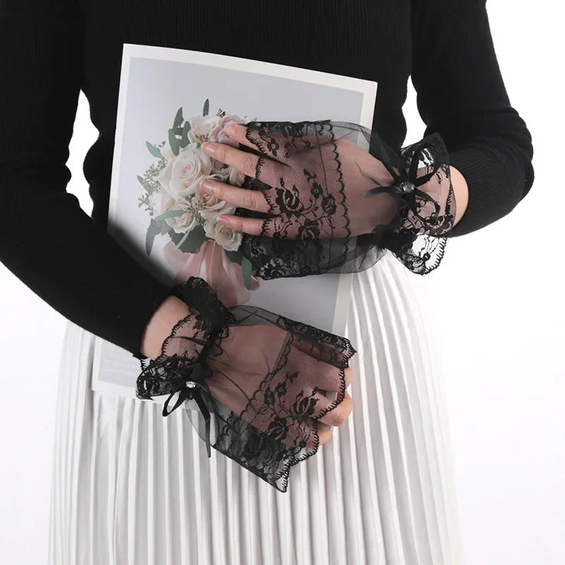 Women Gothic Lace Mesh Stretch Horn Cuffs Gloves Ruffled Detachable Fake Sleeves Wedding Party Sunshade Decorative Wrist Warmer Qme