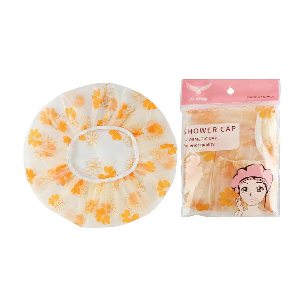 Shower Cap Women Elastic Reusable Hair Bath Caps Waterproof Bathing Qme yellow flower