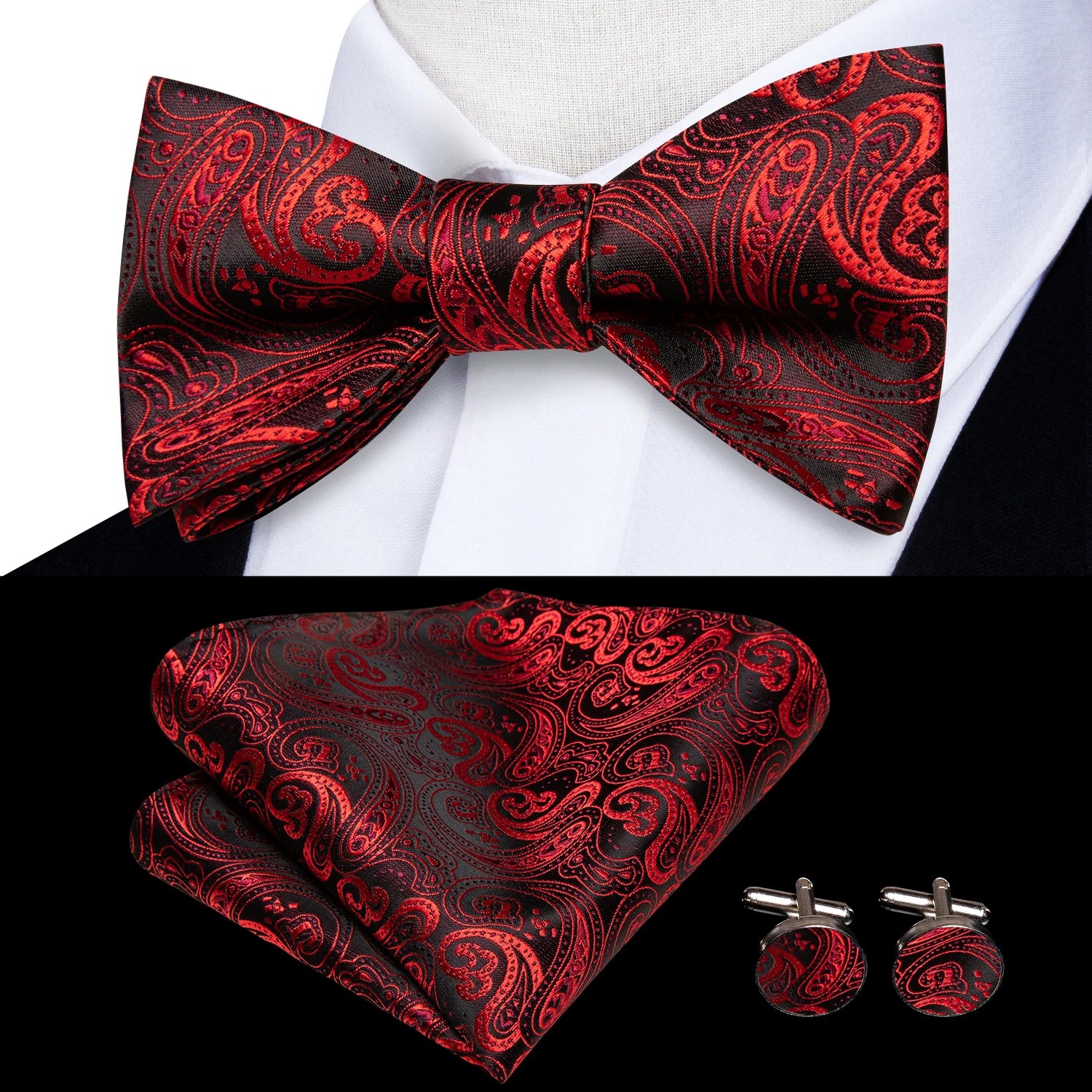 Hi-tie Silk Mens Self Bow Tie Hanky Cufflinks Blue Red Gold Black Qme LH-2052