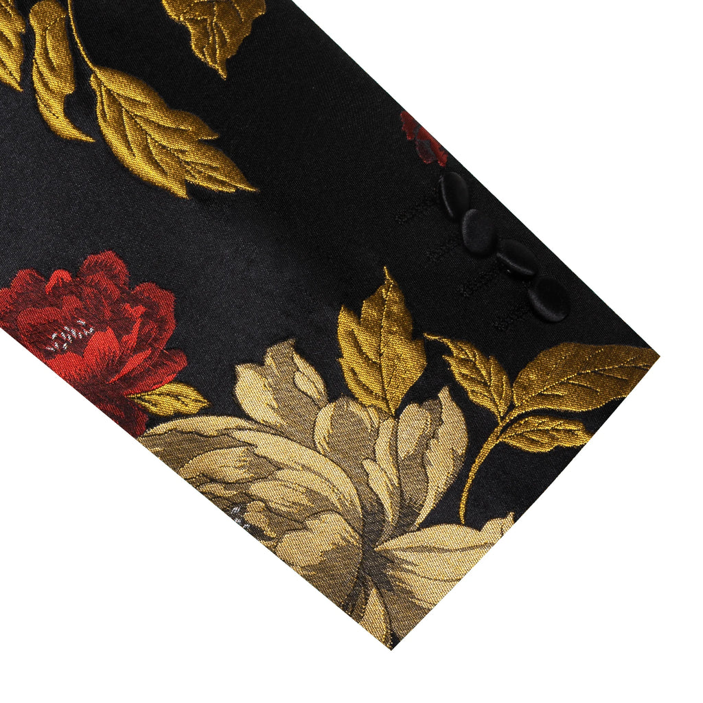 Men's Black Gold Red Floral Jacquard Shawl Lapel Blazer Single Breasted Tuxedo Jacket Suit Coat for Wedding Prom Party Outerwear Qme