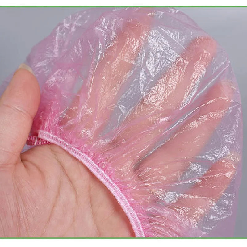 100pcs/set Disposable Shower Caps Plastic Waterproof Headgear Pink Spa Salon Hotel Hair Dye Women Elastic hair Cap Bathroom Qme