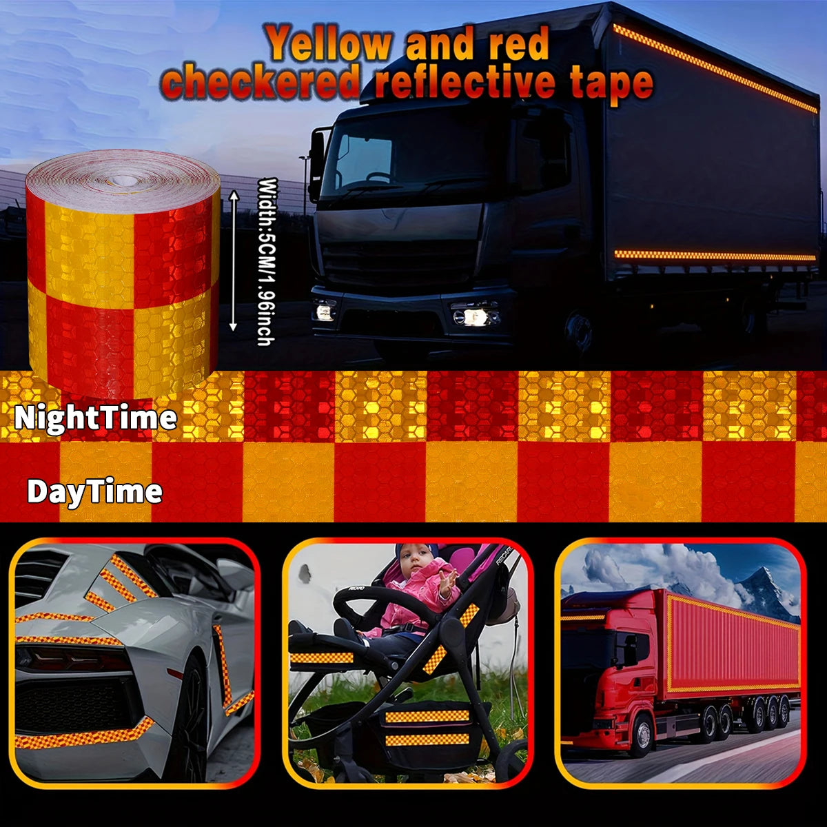 Reflective Sticker Square Grid Checkered Pattern Reflector Tape Red Yellow Fluorescent White Reflect Film For Truck Car Road Qme Yellow and red 5m 5cm