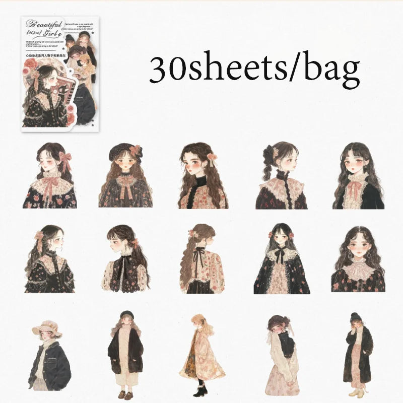 30 Sheets/Bag Korean Cute Girl PET Stickers Pack for Scrapbook Journal DIY Planner Phone Case Notebook Decoration Craft Gift Qme 6