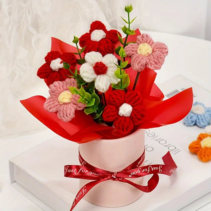 Handmade Crochet Tulip Bouquets, Knitted Tulip Bouquets, Mother's Day Birthdays, Weddings, Christmas, DIY Decorations Qme Red-1pc
