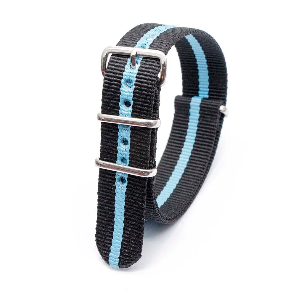 Durable Striped Nylon Wristband Bracelet Style Watch Band 18MM 20MM 22MM 24MM Universal Strap for Sport Casual Watches Qme 2black1sky blue 22mm