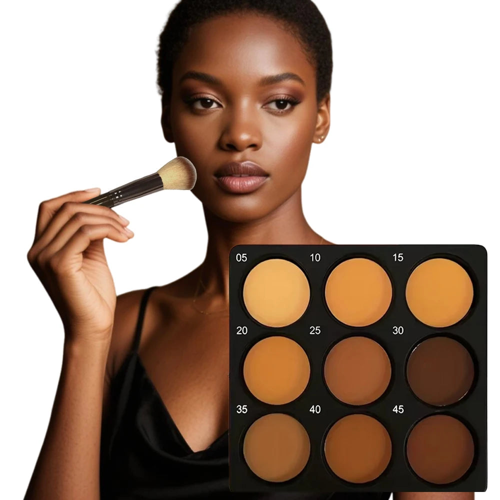 9-Color Waterproof Contour Concealer Matte Palette Free Brush Medium to Deep Shades 3D Sculpting Oil Control Long Lasting Wear Qme