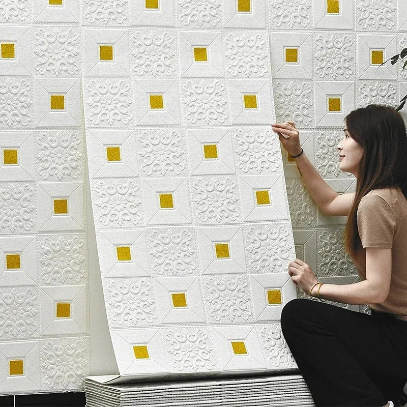 Waterproof Self Adhesive 3D Foam Brick Wall Sticker 10Pcs 70cmx1m Wallpaper Gold White Living Indoor Household Wall Art Decor Qme