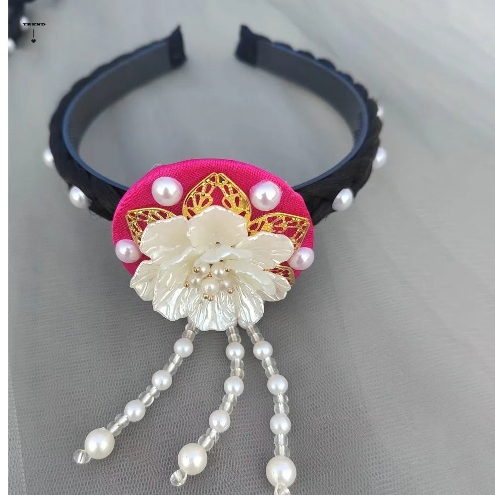 Fashion Flower Korean Headband Tassel Beaded Hanbok Hairband Pearl Qme