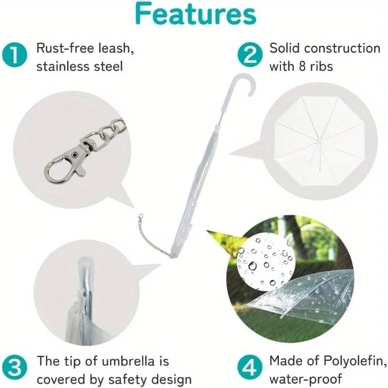 Small transparent dog umbrella, anti transparent dog umbrella towing strap, metal chain dog outdoor rain gear Qme