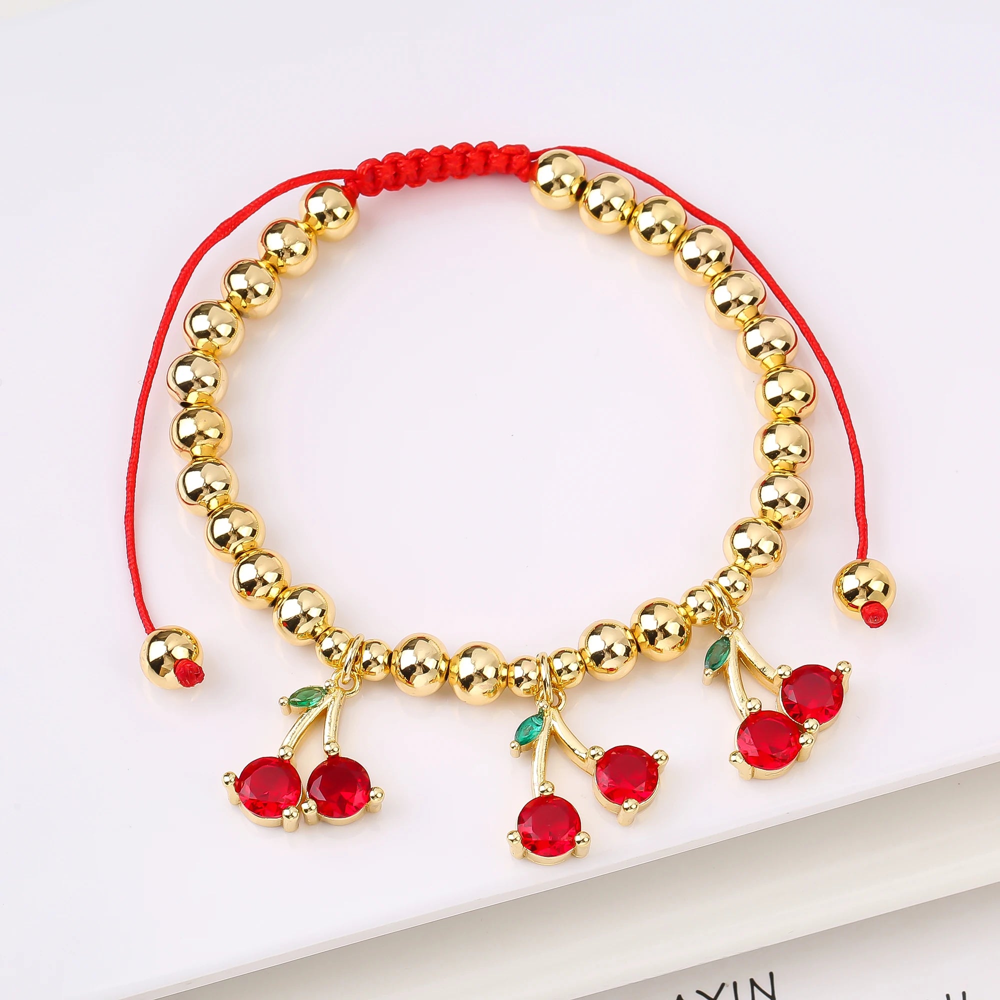 Gold-Plated Copper Bead Chain Braid Crystal Red Cherry Bracelet for Woman Female Daily Party Wrist Jewelry Friendship Gift Qme 23