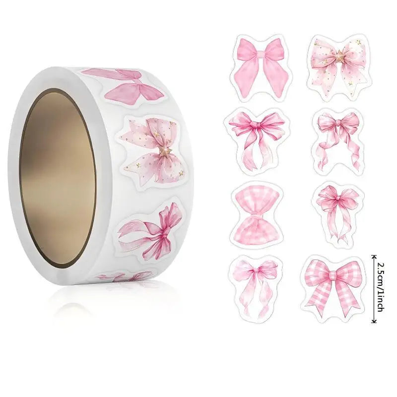 Bow Pattern Packaging Stickers Roll Removable Decals DIY Scrapbook Qme Pink