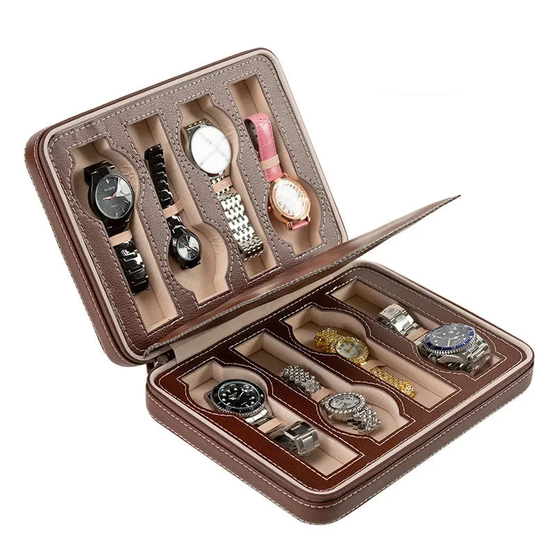 New Travel Dustproof Embedded Watch Box Zipper Portable PU Leather Storage Case Watch Display Box For Trips And Gifts Qme 8 Grids Brown
