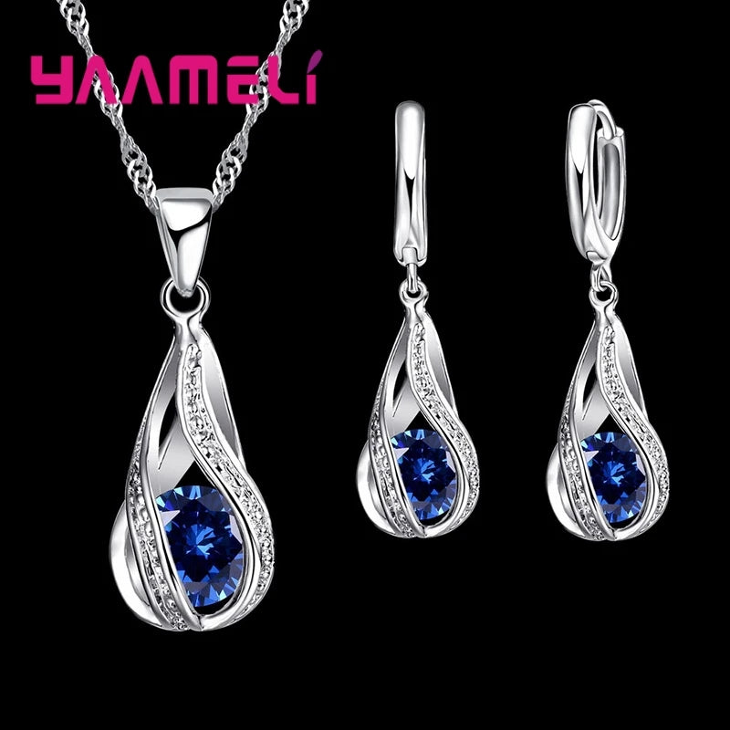 Hot Water Drop CZ 925 Sterling Silver Plated Jewelry Set For Women Pendant Necklace Hoop Earrings Wedding Party Ceremoey Anel Qme Blue