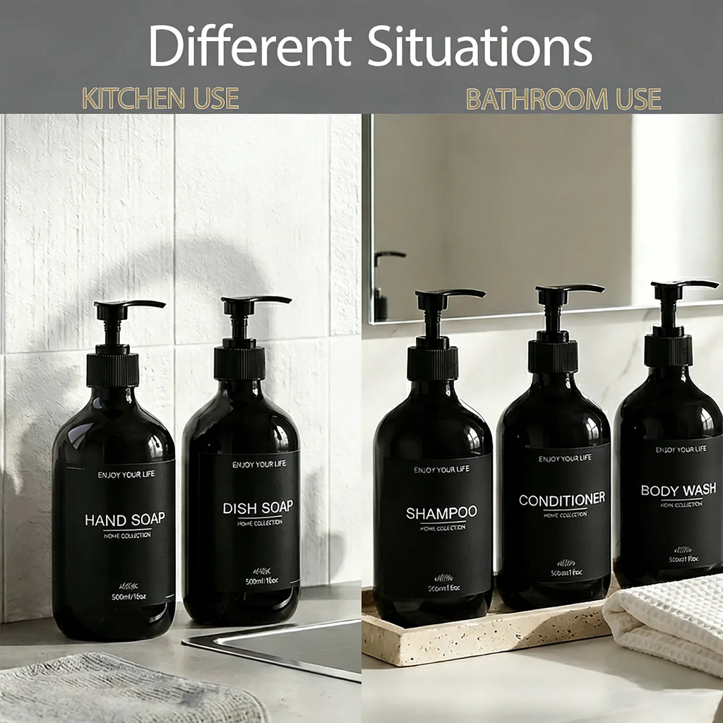 Shower Soap Dispenser Set Glossy Black Refillable Shampoo and Conditioner Body Wash Dispenser with Waterproof Labels Bathroom Qme
