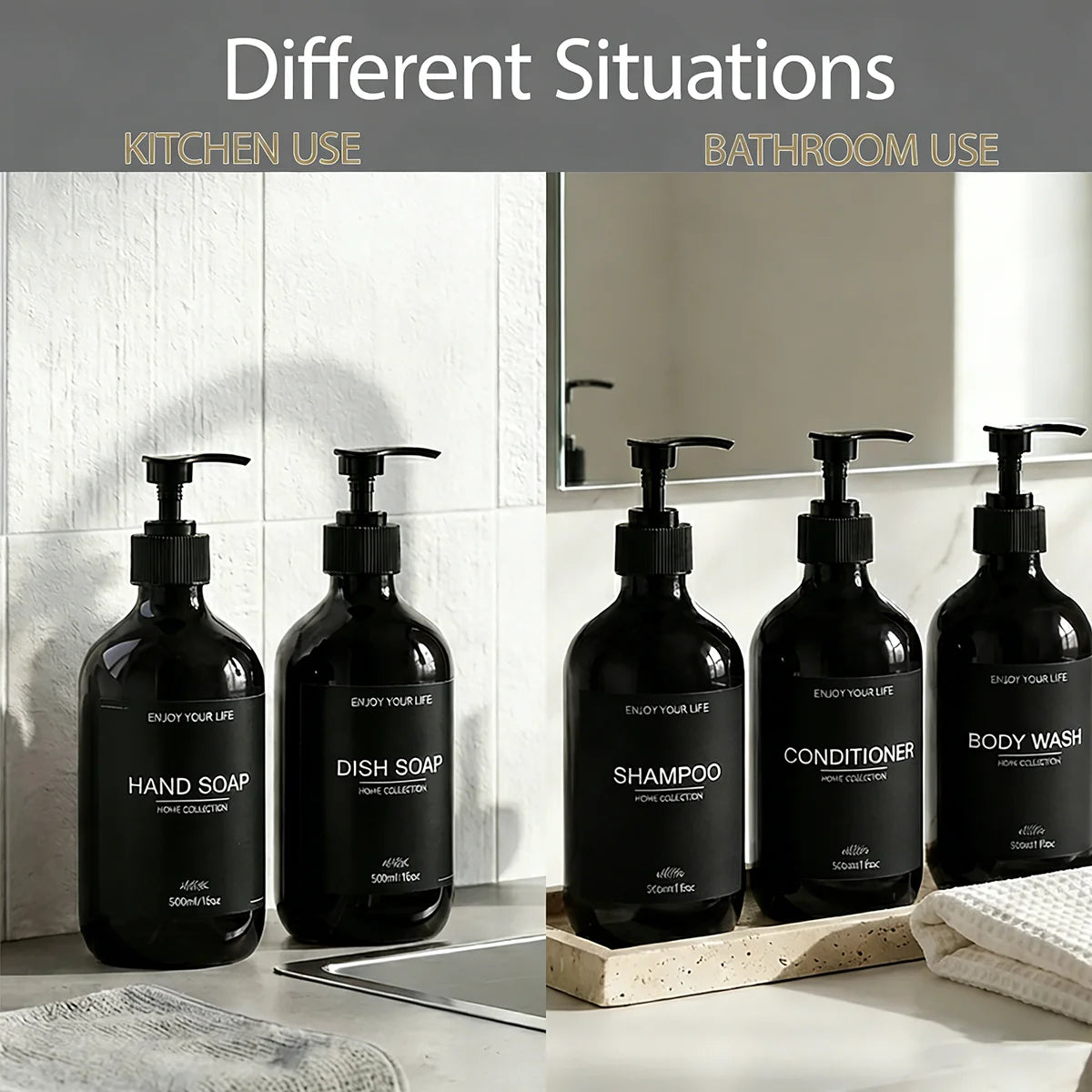 Shower Soap Dispenser Set Glossy Black Refillable Shampoo and Conditioner Body Wash Dispenser with Waterproof Labels Bathroom Qme