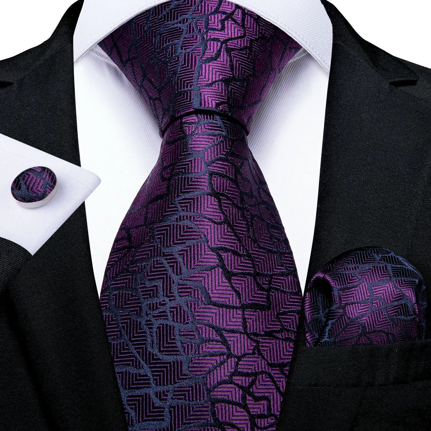 Extra Long Tie Set for Men, 3-Piece Wedding Accessories with Cufflinks & Pocket Handkerchief, Striped/Floral Design Qme DPTH-LDSN3540