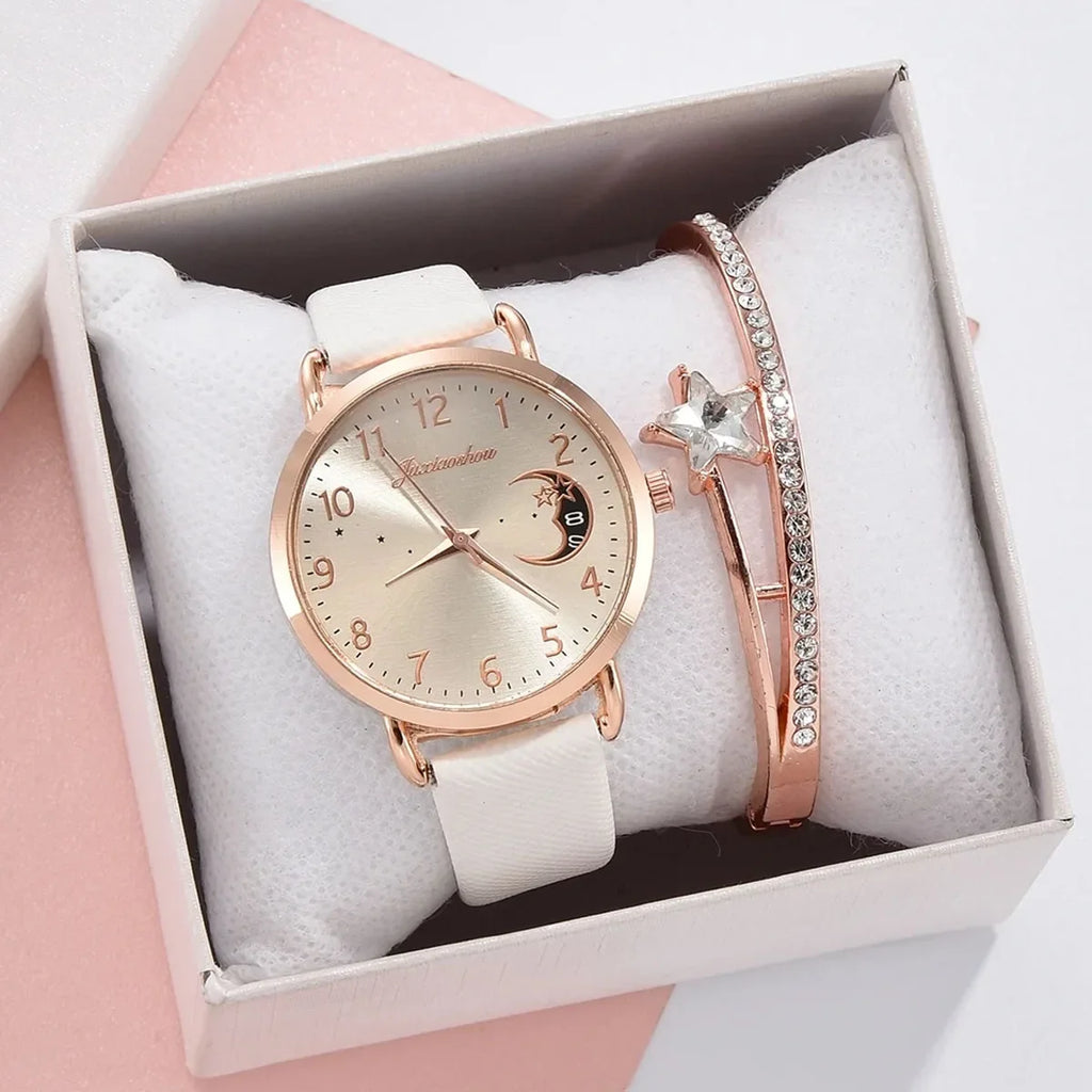 2pcs/set New Women's Personalized Bracelet Set Moon Pattern Digital Dial 2pcs Fashion Quartz Women's Watch Qme