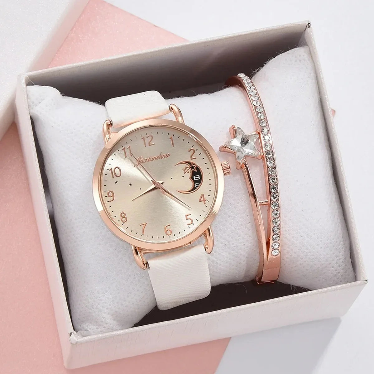 2pcs/set New Women's Personalized Bracelet Set Moon Pattern Digital Dial 2pcs Fashion Quartz Women's Watch Qme