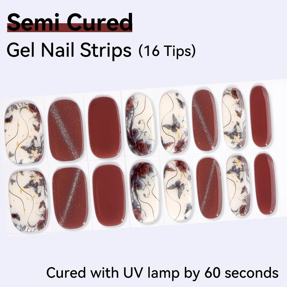 16Tips Semi-cured Gel Nail Sticker Colorful French Glitter UV LED