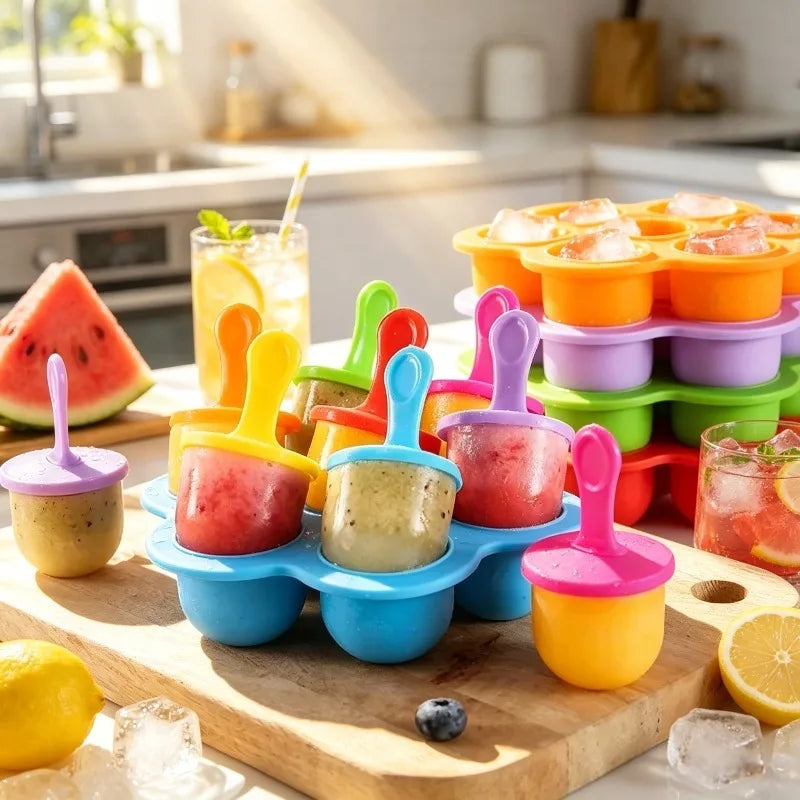 7 Holes Silicone Ice Cream Mould Popsicle Mold Baby Food Storage Box with Lid Fruit Milkshake Manufacturer Home Kitchen Tools Qme
