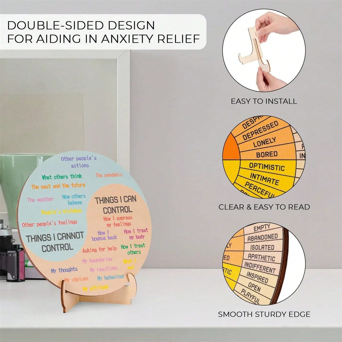 Feelings Wheel Therapy Office Desk Decor - Double Sided Mental Health Office Emotions Chart with Stand, Therapist Gifts for Home Qme