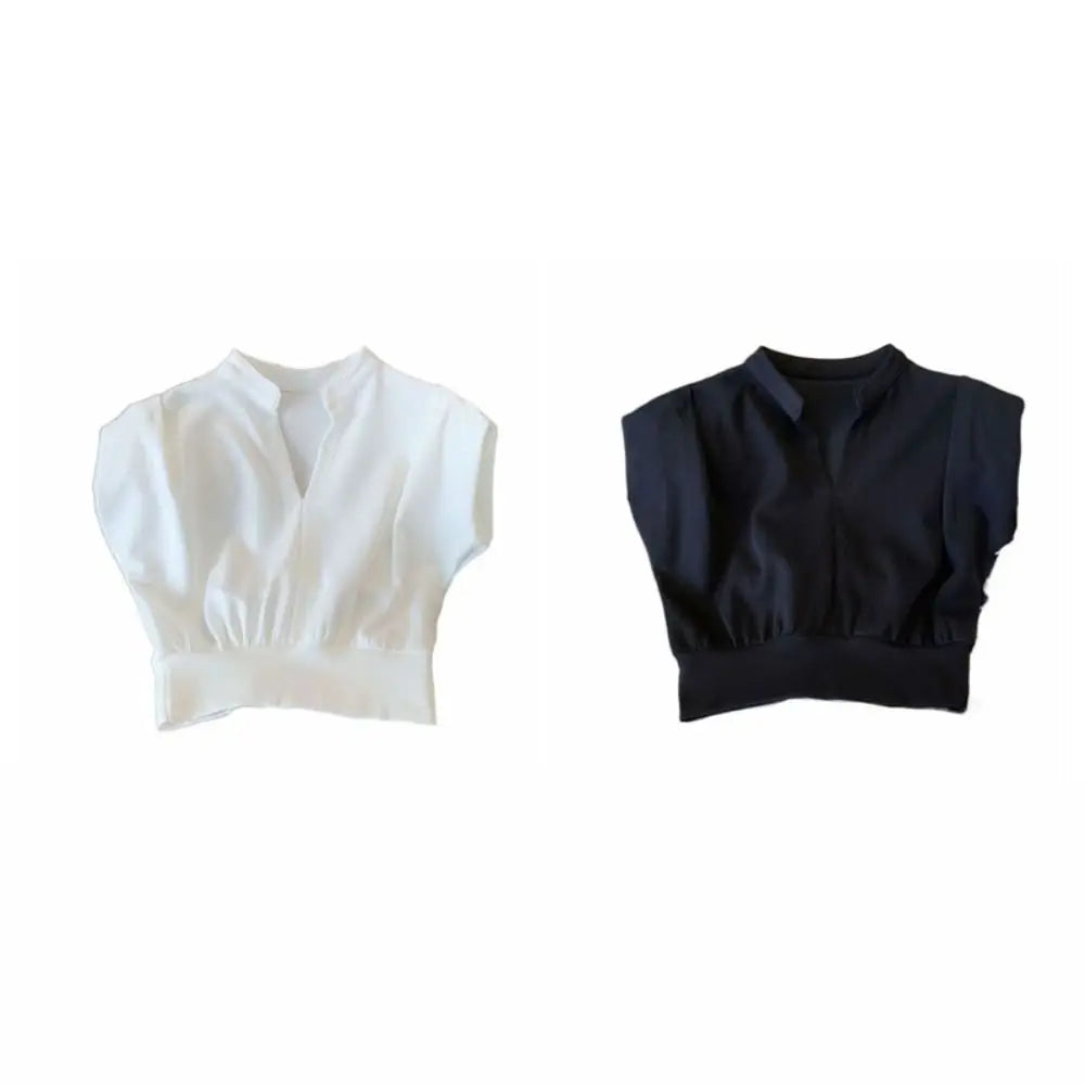 V-neck Flip Collar T-shirt Y2K Slim Fit Sleeveless Crop Wide Shoulder Qme