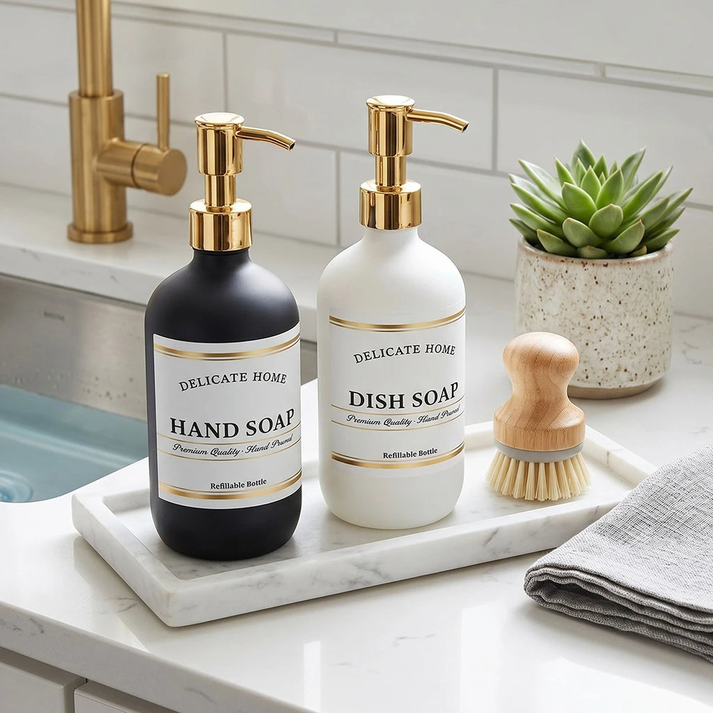 Kitchen Soap Dispenser Set- Matte Black and White Plastic Hand & Dish Soap Dispensers-16oz Refillable Bottles with Gold Pumps Qme