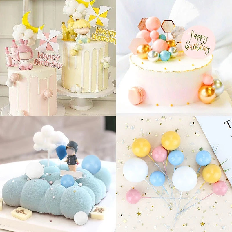 20Pcs Cake Topper Gold Silver Ball Happy Birthday Cake Topper DIY Cupcake Flag Wedding Christmas Ball Decor Birthday Decoration Qme