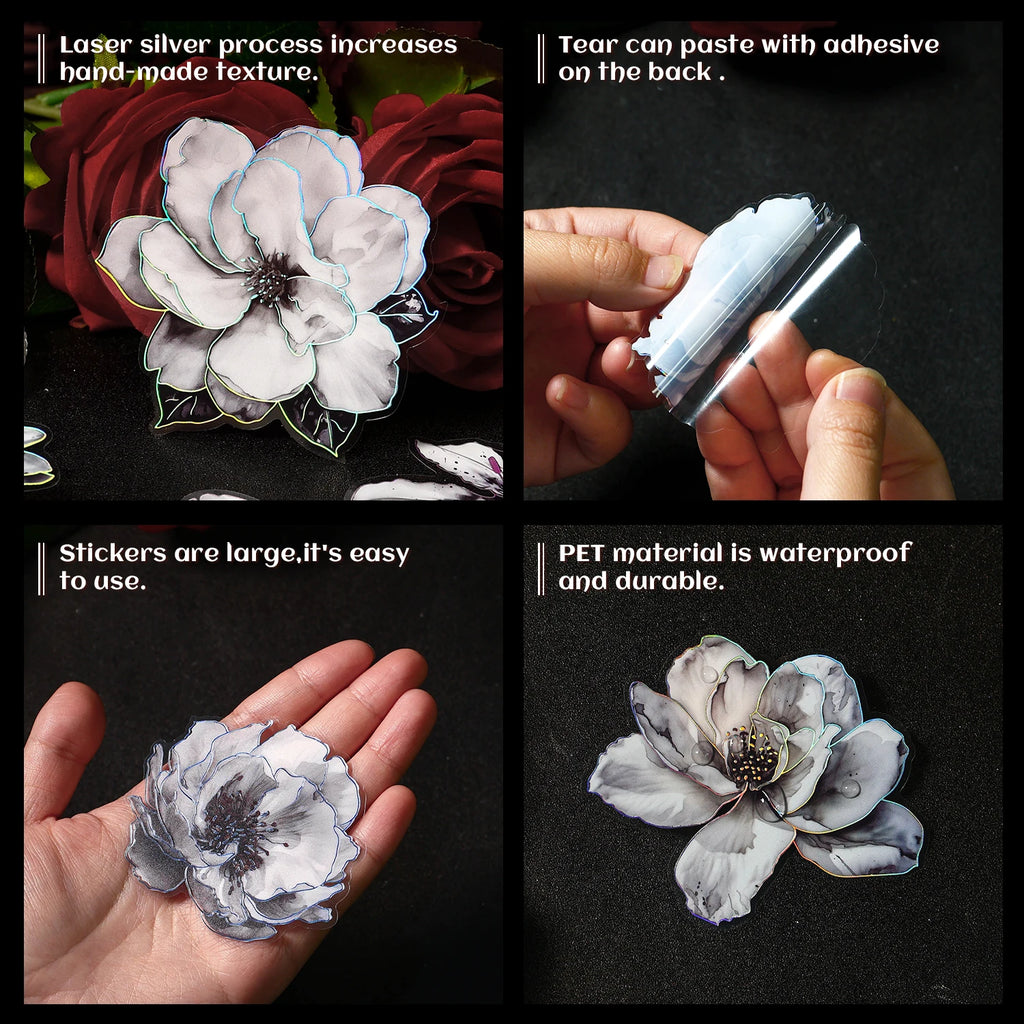 TIANZI 10pcs/pack Ink Dyed Flowers PET Stickers DIY Scrapbooking Materials Vintage Decorative Junk Journal Sticker Stationery Qme