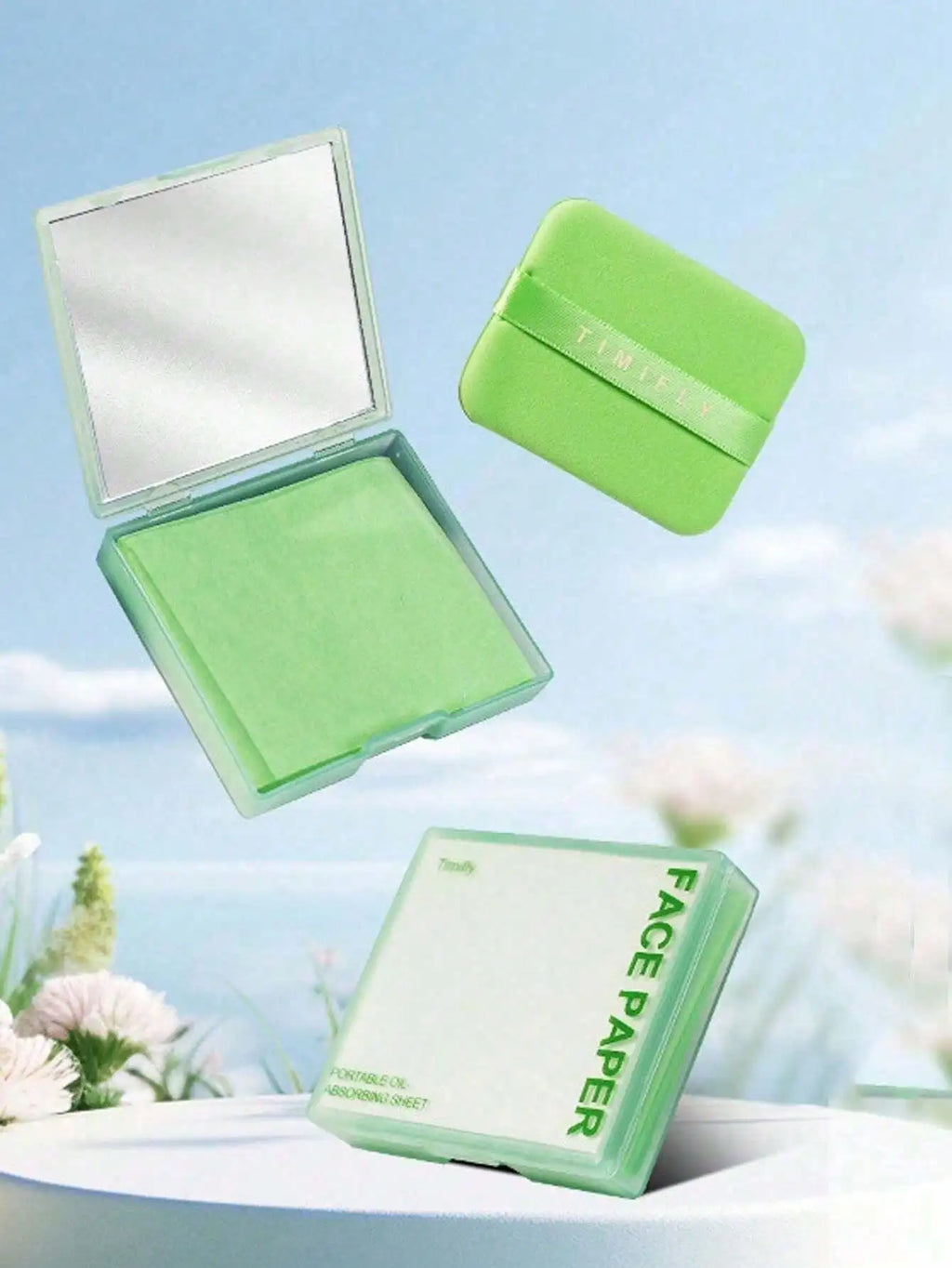 100 Sheets Bamboo Charcoal Oil Control Film Powder Puff Mirror Qme green