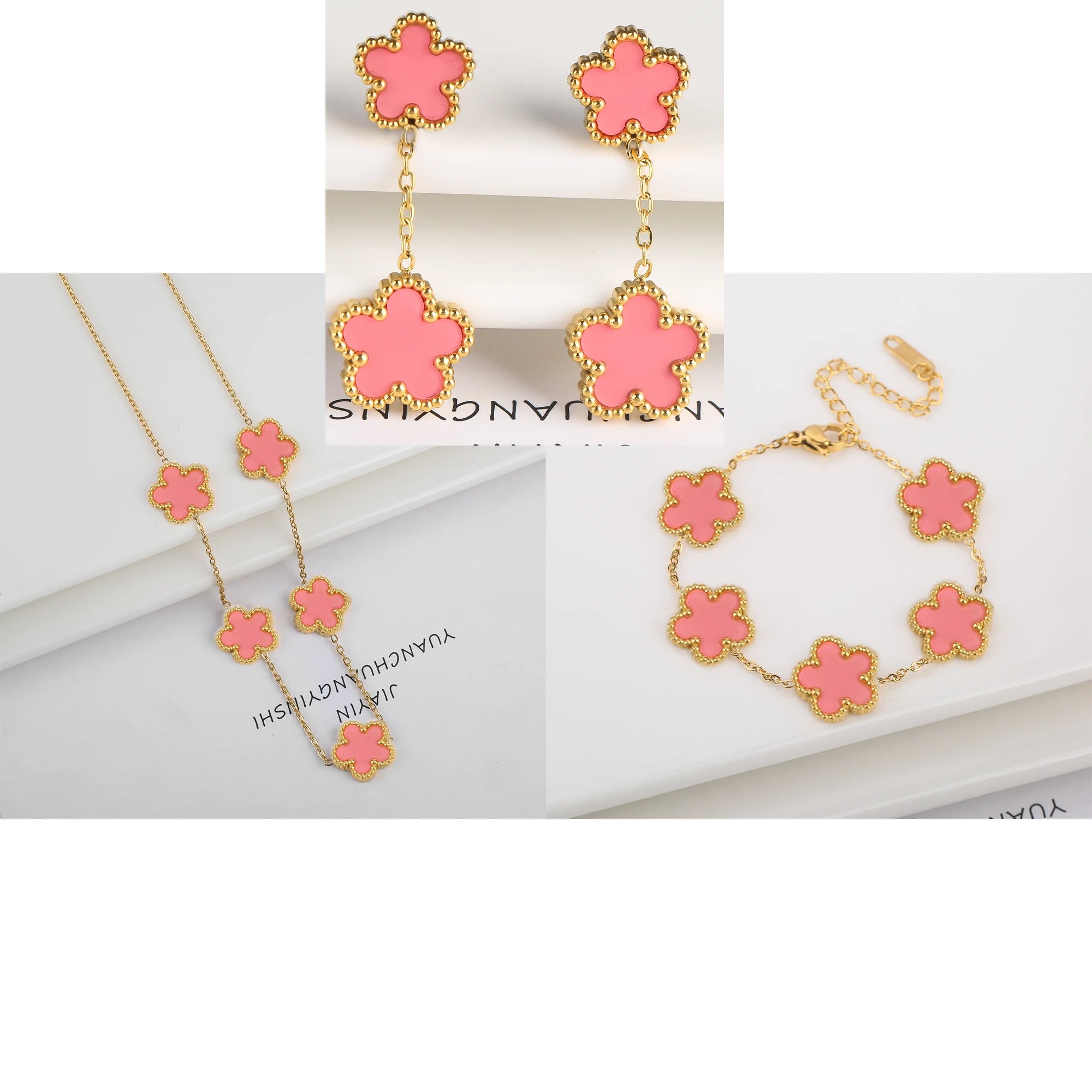New Trend Five Leaf Flower Stainless Steel Jewelry Set Bracelet Necklace Earrings Classic for Woman Party Luxury Jewelry Clover Qme Jewelry Set 5