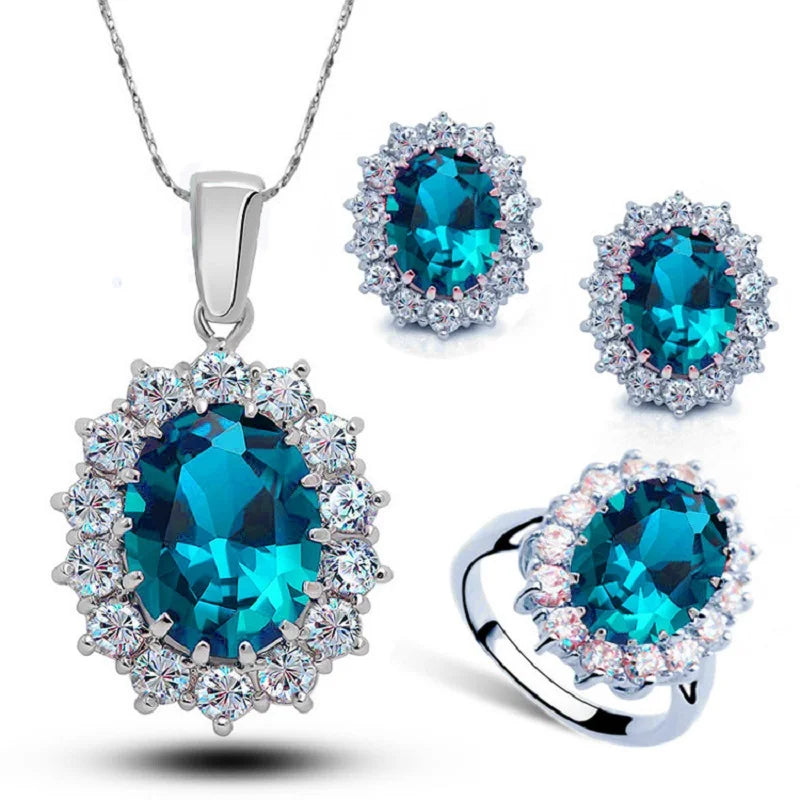Authentic 925 Sterling Silver Plated Women Wedding Engagement Jewelry Sets Princess Oval Zircon Crystal Necklace Earrings Ring Qme