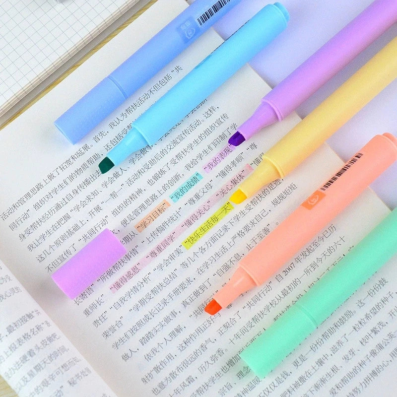 8 Macaron color highlighter pens with slanted head design, eye protection color marker highlighter pens, learning diary supplies Qme