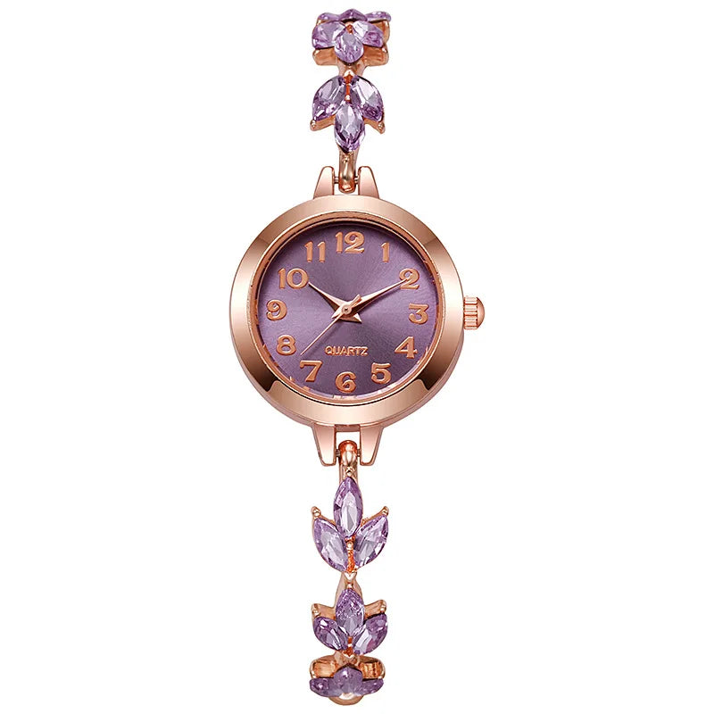 Elegant Ladies Thin Bangle Watch Marquise Pink Zircon Leaf Decor Rose Qme PURPLE