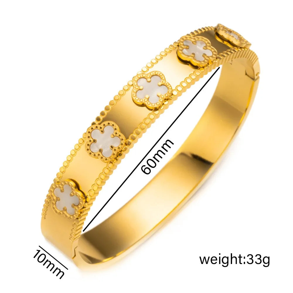 Unisex Gold/Silver Classic Stainless Steel Laser Five-Leaf Flower Open Bracelet & Bangles Simple For Woman Party Jewelry Clover Qme Gold 9