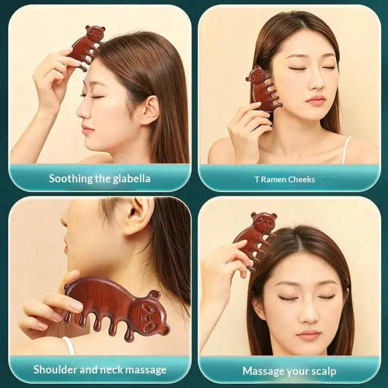 Eco-friendly Sandalwood Massage Comb 5 Tooth Panda Head Scalp Qme