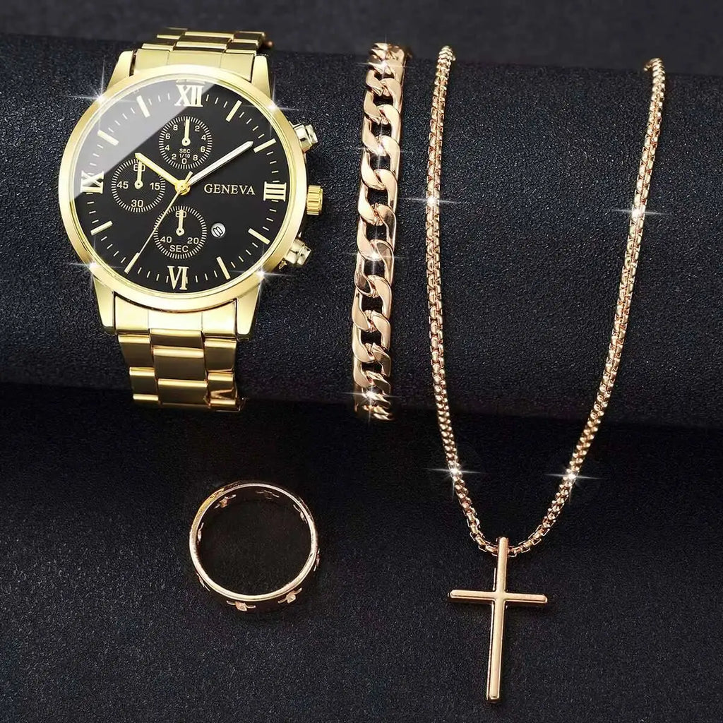 4 pçs/set moda masculina relógios de negócios luxo roma dial calendário relógio quartzo conjunto jóias reloj hombre (sem caixa) Qme