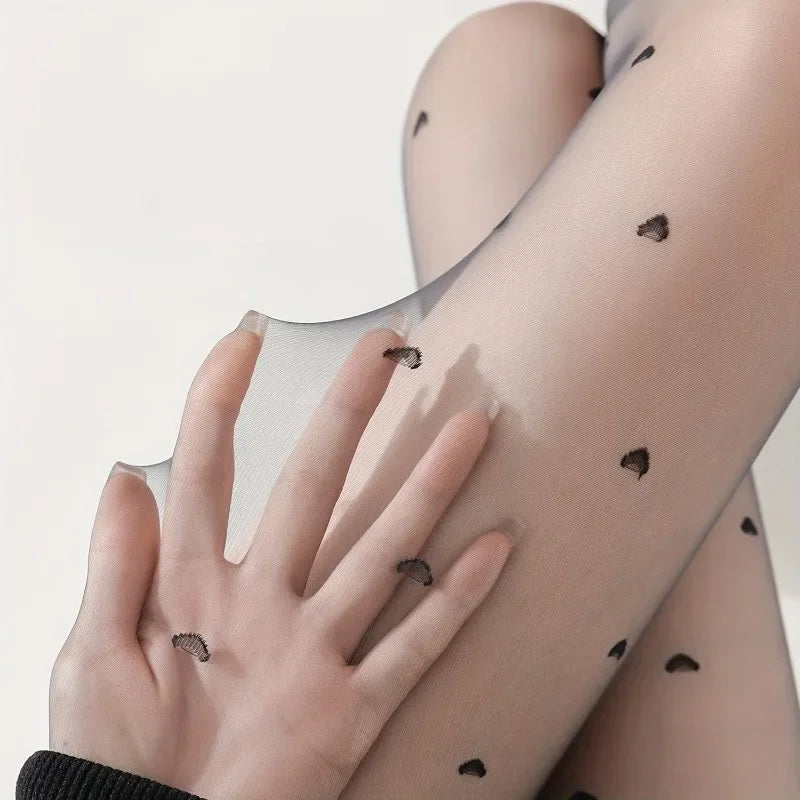 Sheer Heart Print Tights Thin Transparent Black Pantyhose Butt Lifting Breathable Mesh Hosiery Sweet Love Dot Pattern Stockings Qme