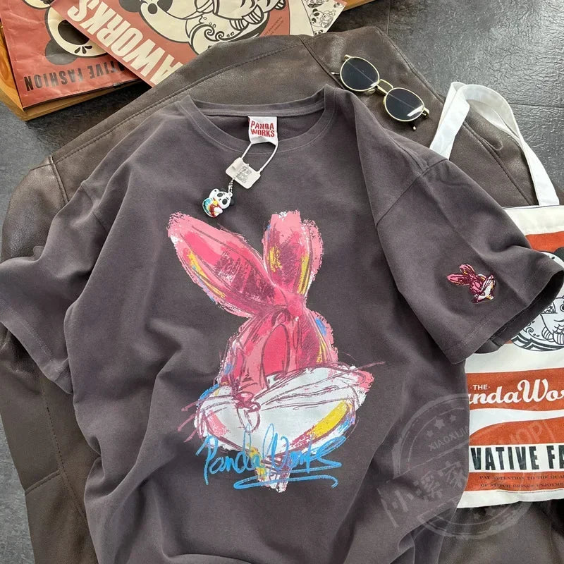 Spring New Korean Cartoon Rabbit Painting Leisure Half Sleeve Round Neck Pullover Cotton Short Sleeve T-shirt Female Qme SH L