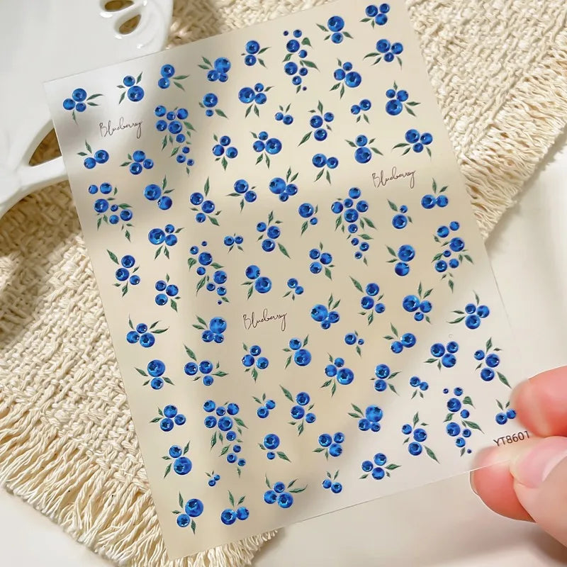 Blueberry French Polka Dot Nail Stickers Embossed Self Adhesive Fruit Decals Cute Red Blue Floral Nail Art Supplies For Manicure Qme